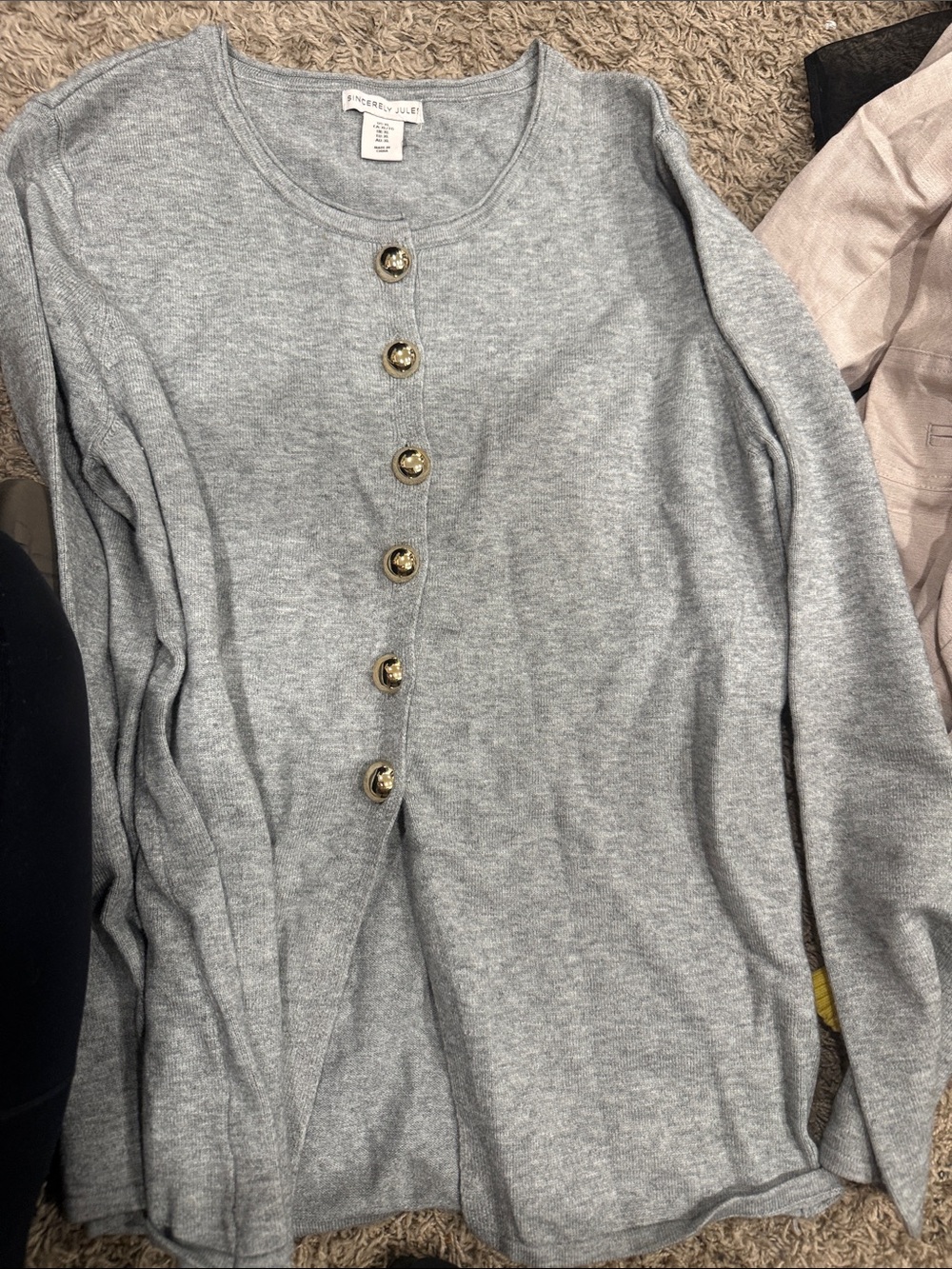 Sincerely Jules Light Gray Knit Cardigan with Gold Buttons